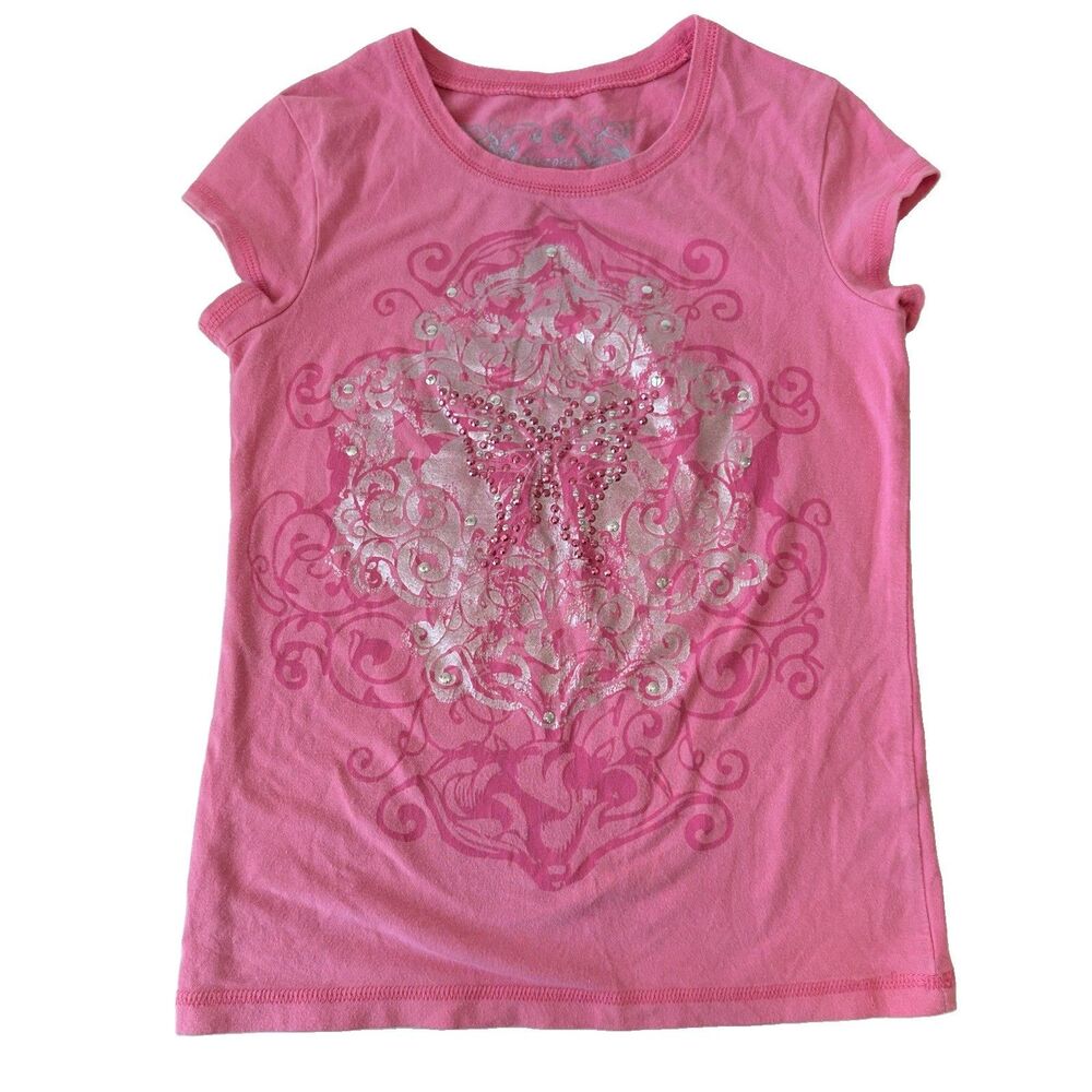 Arizona Jean Co Girls 7/8 Pink Butterfly Rhinestone Silver Foil Graphic Tee Top